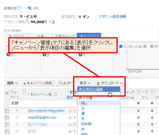 「キャンペーン管理」タブでコンバージョンデータを確認するには、表示項目としてコンバージョン関連の項目を追加する