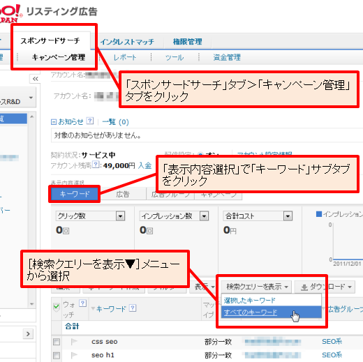 検索クエリー一覧は、「キャンペーン管理」タブの［検索クエリーを表示▼］メニューから表示できる