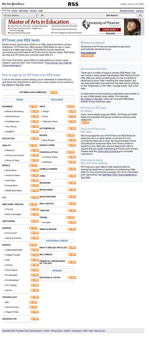 ニューヨーク・タイムズのRSSフィード設置画面