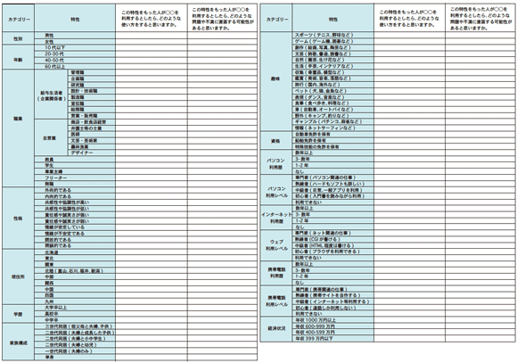 16カテゴリ（計103項目）による特性リストペルソナの例