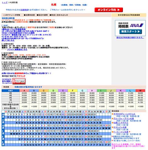 航空券を選択する画面