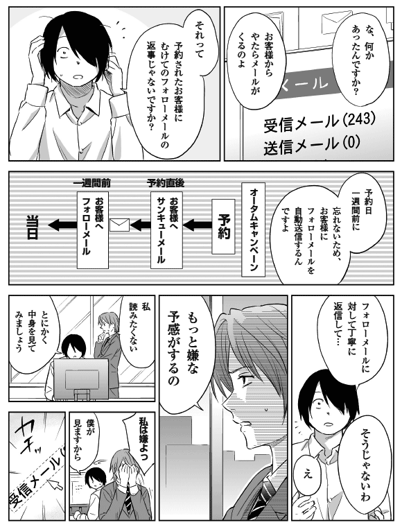 将解「な、何かあったんですか？」
板井「お客様からやたらメールがくるのよ」
将解「それって予約されたお客様にむけてのフォローメールの返事じゃないですか？」
「予約日1週間前に忘れないため、お客様にフォローメールを自動送信するんですよ」
オータムキャンペーン
予約
→
予約直後
お客様へ
サンキューメール
→
1週間前
お客様へ
フォローメール
→
当日
将解「フォローメールに対して丁寧に返信して…」
板井「そうじゃないわ」
将解「え」
板井「もっと嫌な予感がするの」
「私読みたくない」
将解「とにかく中身を見てみましょう」
板井「私は嫌よっ」
将解「僕が見ますから」
