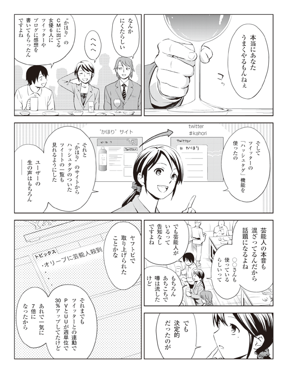 板井「本当にあなたうまくやるもんねぇ」
コッ
「なんかにくたらしい」
瞳「へへへ」
将解「”かほり”のＣＭに出てる女優６人にツイッターやブログに感想を書いてもらったんですよね」
瞳「そしてツイッターの「ハッシュタグ」機能を使ったの」
”かほり”サイト→twitter　♯kahori
瞳「それと”かほり”のサイトからハッシュタグのついたツイートの一覧も見れるようにしたユーザーの生の声はもちろんーーー」
「芸能人の本音も混ざってるんだから話題になるよね○○さんも使っているらしいって」
将解「でも芸能人がいるって告知なしですよね」
瞳「もちろんあちこちで噂は流したけど」
「でも決定的だったのがヤフトピで取り上げられたことかな」
「それまでもツイッターとの連動でＰＶとＵＵが週単位で３０％アップしてたけどあれで一気に７倍になったから」