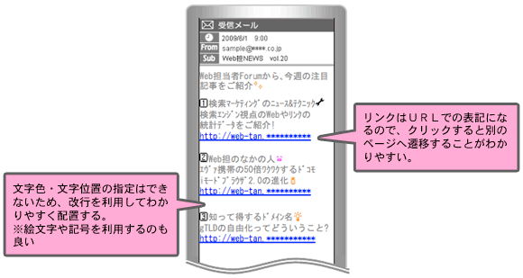 図：テキストメール形式のメールマガジンのレイアウト例