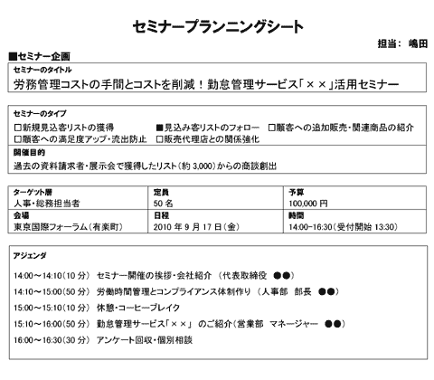 概要 セミナーのタイトル セミナーのタイプ・開催目的 基本項目 ターゲット層 定員 予算 会場 日程・時間 アジェンダ