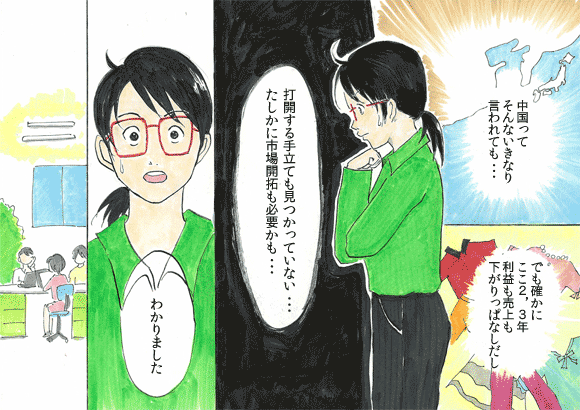 中国ってそんないきなり言われても・・・
でも確かにここ2、3年利益も売り上げも下がりっぱなしだし
打開する手立ても見つかっていない・・・
確かに市場開拓も必要かも・・・
わかりました
