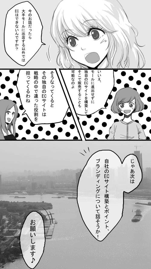 
愛「今のお話しだったら、大手モールに出展する以外ではECはできないんですか？」
ルル「いいえ、モールに進出せずに、独自のECサイトを構築してそこで販売することも可能なのよ」
セイ」そうなってくると、その独自のECサイトは戦略の中で違った役割を担ってくるわね」
深野「じゃぁ次は、自社のECサイト構築とポイント、ブランディングについて話そうか！」
桂子「お願いします♪」
