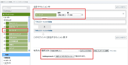 左の一覧から「キーワード」を選び特定キーワードを入力する。このように任意の条件でアドバンスセグメント作成してデータを絞り込むことができる