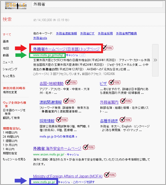 図2：「Google」で「外務省」と検索した検索結果画面