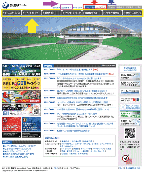 図3：「札幌ドーム」のトップページ