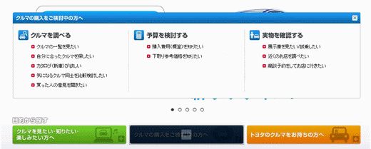 TOYOTAブランドサイトのトップ（「目的から探す」の真ん中、「クルマの購入をご検討中の方へ」をクリックした状態）（2010年12月下旬現在）