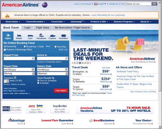 図9：「アメリカン航空」のトップページ