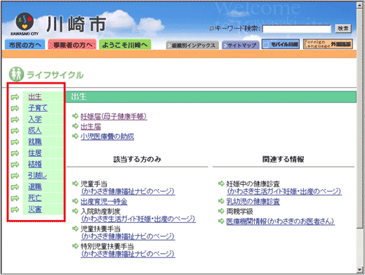 図3：「ライフサイクル」カテゴリの「出生」ページ