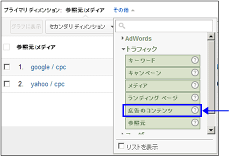 図7：プライマリディメンションの「その他」をクリックしたプルダウン表示