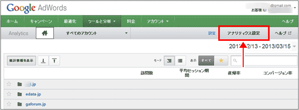 図5：AdWords画面内の、アナリティクスのアカウント一覧画面