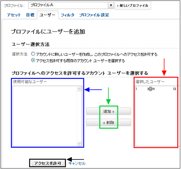 図6：「プロファイルへのアクセスを許可するアカウントユーザーを選択する」画面