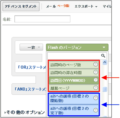 図2：アドバンスセグメントでのディメンションと指標