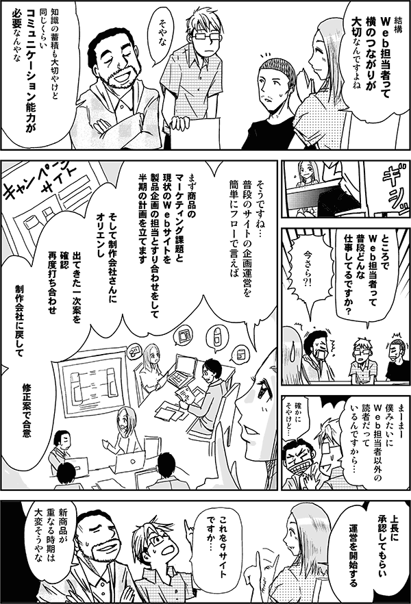 結構Web担当者って横のつながりが大切なんですよね。
そやな。知識の蓄積も大切やけど、同じくらいコミュニケーション能力が必要なんやな。
ところでWeb担当者って普段どんな仕事してるですか？
今さら？
まーまー、僕みたいにWeb担当者以外の読者だっているんですから。
確かにそやけど。
そうですね、普段のサイトの企画運営を簡単にフローで言えば、まず商品のマーケティング課題と現状のWebサイトを製品企画の担当とすり合わせをして、半期の計画を立てます。そして制作会社さんにオリエンし、出てきた一次案を確認、再度打ち合わせ、制作会社に戻して修正案で合意。