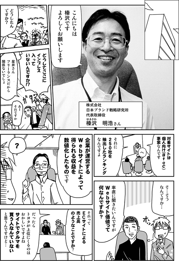 こんにちは。榛沢です。よろしくお願いします。
株式会社日本ブランド戦略研究所・代表取締役・榛沢明浩さん
どうしたんですか？
どうしてここにインプレス入ってないんですか？
星井さん、フリーランスだから関係ないでしょ。
あーそれですか。
対象サイトは個人向け（BtoC）事業なんです。それに、250社を抽出したランキングなんですよ。
そうなんですか。
率直に聞きたいんですが、Webサイト価値って何なんですか？
企業が運営するWebサイトによって得られる収益を数値化したものです。
それってECサイトによる売上高のようなことですか？　だったらトヨタが上位に来るのはおかしいですよね。サイトでクルマを買う人なんていないと思うんですけど。