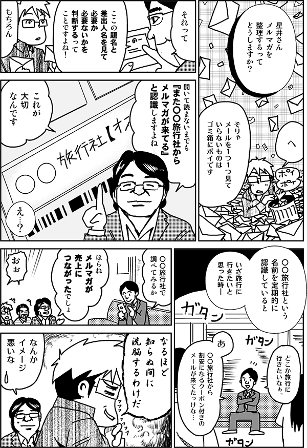 星井さんメルマガを整理するってどうしますか？
そりゃメールを1つ1つ見ていらないものはごみ箱にポイです。
それって、ここの題名と差出人名を見て、必要か必要ないかを判断するってことですよね。
もちろん。
開いて読まないまでも、「また○○旅行社からメルマガが来てる」と認識しますよね。これが大切なんです。○○旅行社という名前を定期的に認識していると、いざ旅行に行きたいと思ったとき、ほらね、メルマガが売上につながったでしょ。
なるほど知らぬ間に洗脳するわけだ。
なんかイメージ悪いな。