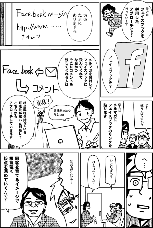 最近はフェイスブックを併用したアプローチなどもおこなっています。
フェイスブックを？どう使うんですか？
例えばメルマガにフェイスブックのリンクを貼ります。
ああ、たまにありますね。
メルマガを開封してフェイスブックに飛んでくれて、なおかつそこにコメントを残してくれる人は、相当興味を持っている可能性が高いと判断して、こちらからアプローチしていきます。
へ、一人ずつ？
一人ずつです。
気が遠くなる。
顧客を育てるイメージで根気強く接点を深めていくんです。