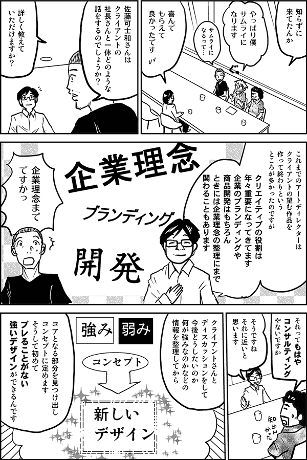 知らずに来てたんか。
やっぱり僕サムライになります。
サムライになるって…。
喜んでもらえて良かったです。
佐藤可士和さんはクライアントの社長さんと一体どのような話をするのでしょうか？　詳しく教えていただけますか？
これまでのアートディレクターは、クライアントの望む作品を作って終わりというところが多かったのですが、クリエイティブの役割は年々重要になってきてます。企業のブランディングや商品開発はもちろん、ときには企業理念の整理にまで関わることもあります。
企業理念までですかっ。
それってもはやコンサルティングやないですか。
そうですね、それに近いと思います。クライアントさんとディスカッションをして今後どうしたいのか、何が強みなのかなどの情報を整理してからコアとなる部分を見つけ出し、コンセプトに定めます。そうして初めてブレることがない強いデザインができるんです。