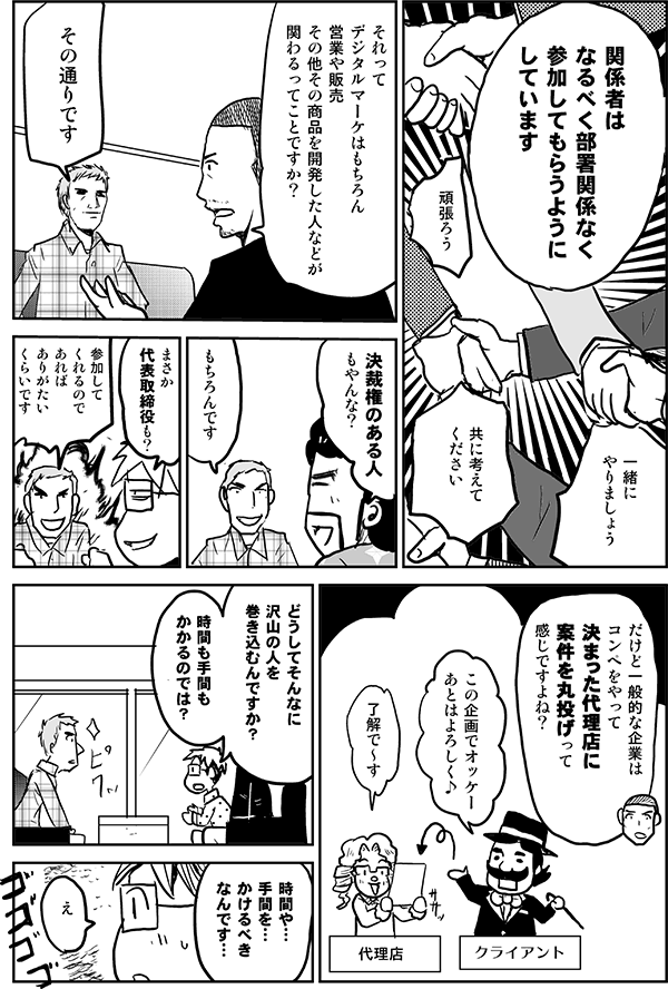 関係者はなるべく部署関係なく、参加してもらうようにしています。
それってデジタルマーケはもちろん、営業や販売、その他その商品を開発した人などが関わるってことですか？
その通りです。
決裁権のある人もやんな？
もちろんです。
まさか代表取締役も？
参加してくれるのであればありがたいくらいです。
だけど一般的な企業は、コンペをやって決まった代理店に案件を丸投げって感じですよね？
どうしてそんなに沢山の人を巻き込むんですか？　時間も手間もかかるのでは？
時間や手間をかけるべきなんです。