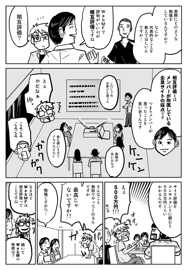 実際にどのような勉強をしているんですか？なにか代表的なことを教えて欲しいんですが。
WebMFで評判がいいのが相互評価ですね。
相互評価？
相互評価とは、メンバーが所属している企業サイトの採点です。つまりメンバーが思ったことを言い合うんです。
ええ、やだなぁ。
サイト評価をコンサルタントに頼むと500万円くらいかかるんやぞ。
えぇ500万円!!!そんなことやってくれるんですか、最高じゃないですか!!
勉強ですから。
なるほどWebMFは相互評価ってことですね。続いてWeb研の特徴は？