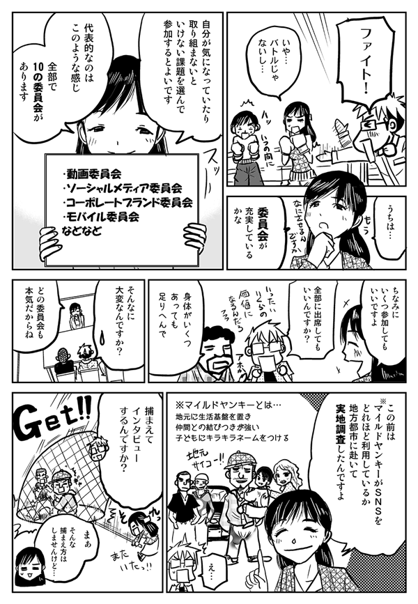 ファイト！
いや、バトルじゃないし。うちは委員会が充実しているかな。自分が気になっていたり、取り組まないといけない課題を選んで参加すると良いです。代表的なのはこのような感じ。全部で10の委員会があります。ちなみにいくつ参加してもいいですよ。
全部に出席してもいいんですか？
身体がいくつあっても足りへんで。
そんなに大変なんですか？
どの委員会も本気だからね。この前はマイルドヤンキーがSNSをどれほど利用しているか地方都市に赴いて実地調査したんですよ。
捕まえてインタビューするんですか？
まぁ、そんな捕まえ方はしませんけど。