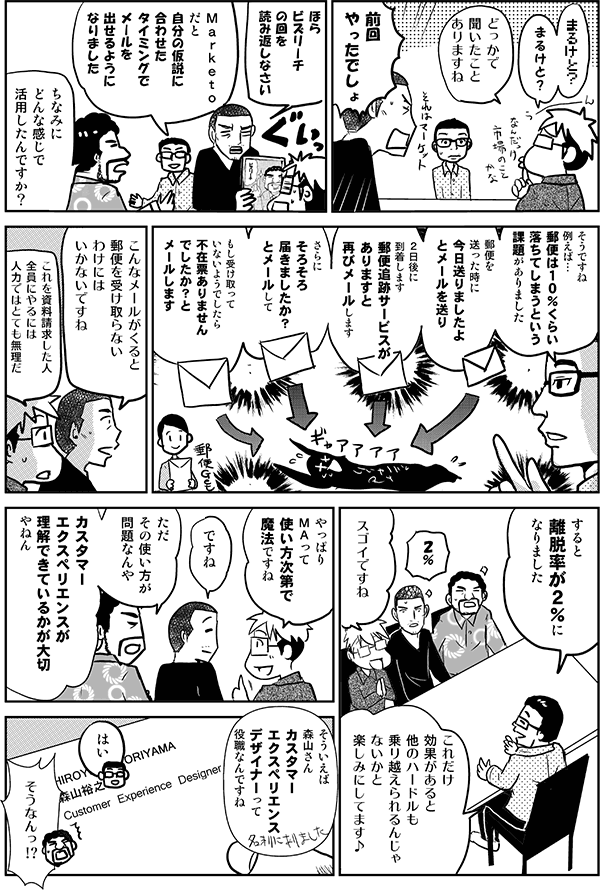 まるけと？どっかで聞いたことありますね。
前回やったでしょ。ほらビズリーチの回を読み返しなさい。
Marketoだと、自分の仮説に合わせたタイミングでメールを出せるようになりました。
ちなみにどんな感じで活用したんですか？
そうですね、例えば、郵便は10％くらい落ちてしまうという課題がありました。郵便を送ったときに、今日送りましたよとメールを送り、2日後に到着します、郵便追跡サービスがありますと再びメールします。さらにそろそろ届きましたかとメールして、もし受け取っていないようでしたら、不在届ありませんでしたか？とメールします。
こんなメールが来ると、郵便を受け取らないわけにはいかないですね。
これを資料請求した人全員にやるには人力ではとても無理だ。
すると離脱率が2％になりました。
2％！スゴイですね。これだけ効果があると、他のハードルも乗り越えられるんじゃないかと、楽しみにしてます。
やっぱりMAって使い方次第で魔法ですね。
ただその使い方が問題なんや。カスタマーエクスペリエンスが理解できているかが大切やねん。
そういえば森山さん、カスタマーエクスペリエンスデザイナーって役職なんですね。
はい。
そうなんっ!?