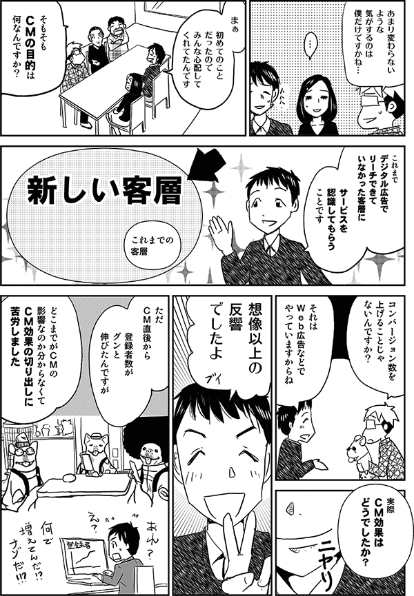 あまり変わらないような気がするのは、僕だけですかね…。
まぁ初めてのことだったのでみんな心配してくれたんです。
そもそもCMの目的は何なんですか？
これまでデジタル広告でリーチできていなかった客層にサービスを認知してもらうことです。
コンバージョンを上げることじゃないんですか？
それはWeb広告などでやっていますからね。
実際CM効果はどうでしたか？
想像以上の反響でしたよ。ただCM直後から登録者数がグンと伸びたんですが、どこまでがCMの影響なのか分からなくて、CM効果の切り出しに苦労しました。