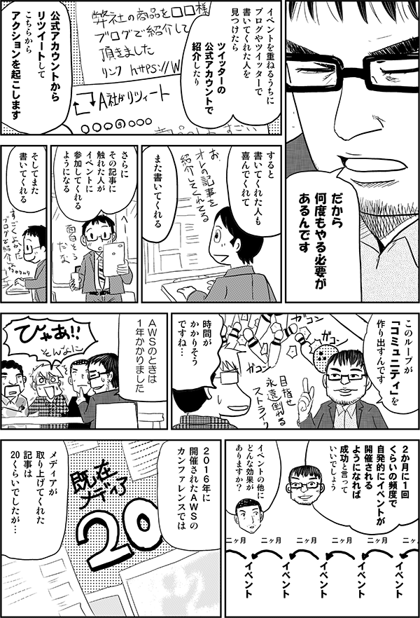 小島「だから何度もやる必要があるんです。イベントを重ねるうちにブログやツイッターで書いてくれた人を見つけたら、公式アカウントで紹介したり公式アカウントからリツイートして、こちらからアクションを起こします。すると書いてくれた人も喜んでくれて、また書いてくれる。さらにその記事に触れた人がイベントに参加してくれるようになる。そしてまた書いてくれる。このループがコミュニティを作り出すんです」
星井「時間がかかりそうですね…」
小島「ＡＷＳのときは１年かかりました。２か月に１回くらいの頻度で自発的にイベントが開催されるようになれば、成功と言っていいでしょう」
内藤「イベントの他にどんな効果がありますか？」
小島「２０１６年に開催されたＡＷＳのカンファレンスでは、メディアが取り上げてくれた記事は２０くらいでしたが…」