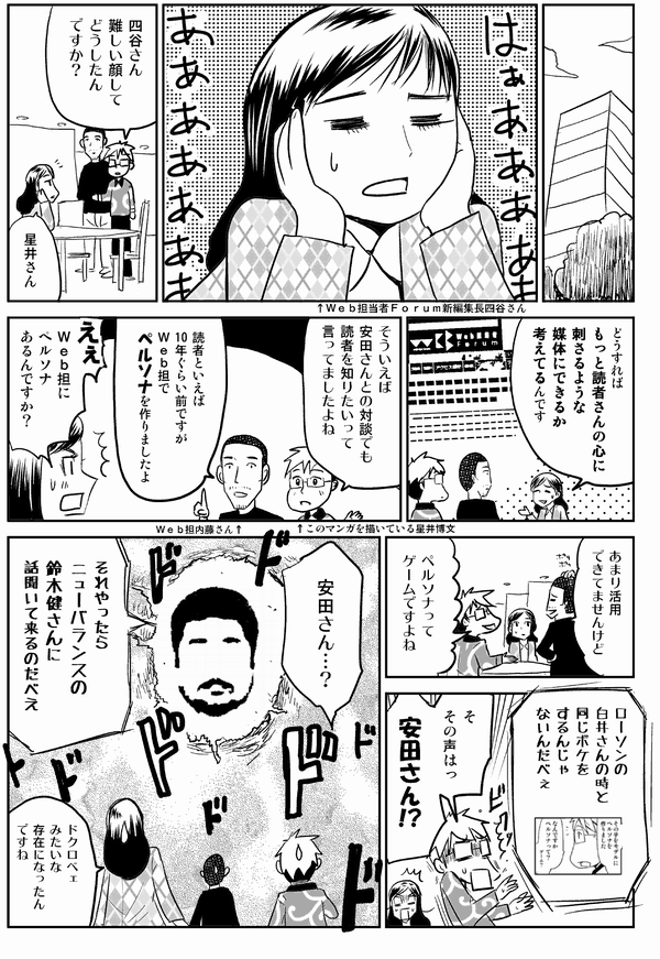 
星井：四谷さん難しい顔してどうしたんですか？
四谷：星井さん。どうすればもっと読者さんの心に刺さるような媒体にできるか考えてるんです。
星井：そういえば安田さんとの対談でも読者を知りたいって言ってましたよね。
内藤：読者といえば10年ぐらい前ですがＷｅｂ担でペルソナを作りましたよ。
四谷：え、Ｗｅｂ担にペルソナあるんですか？
内藤：あまり活用できてませんけど。
星井：ペルソナってゲームですよね。
安田：ローソンの白井さんの時と同じボケをするんじゃないんだべぇ。
星井：そその声はっ、安田さん!?
内藤：安田さん…？
安田：それやったらニューバランスの鈴木健さんに話聞いて来るのだべえ。
四谷：ドクロベェみたいな存在になったんですね。
