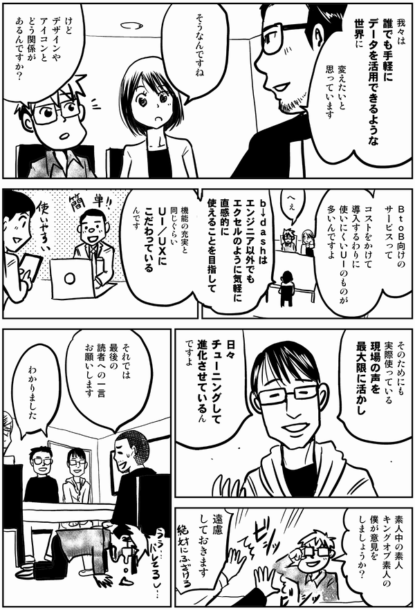 我々は
誰でも手軽に
データを活用できるような
世界に変えたいと
思っています

そうなんですね

デザインやアイコンとどう関係が？

ＢｔｏＢ向けの
サービスって
コストをかけて
導入するわりに
使いにくいＵＩのものが
多いんですよ

へぇ

ｂ↓ｄａｓｈは
エンジニア以外でも
エクセルのように気軽に
直感的に
使えることを目指して

機能の充実と
同じぐらい
ＵＩ／ＵＸに
こだわっているんです

そのためにも
実際使っている
現場の声を
最大限に活かし

日々
チューニングして
進化させているん
ですよ

素人中の素人
キングオブ素人の
僕が意見を
しましょうか？

遠慮
しておきます

それでは
最後の
読者への一言
お願いします

わかりました