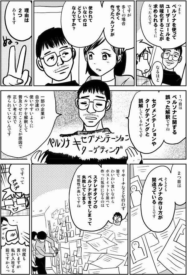 井登「つまり
ペルソナを使って
ユーザーゴールを
明確化することが
求められるように
なったんです」

星井「なるほど」

四谷「ですが
多くの場合
せっかく
作ったペルソナが
使われて
いないのは
どうしてなんですか？」

井登「理由は
２つあります

１つ目は
ペルソナに関する
誤った解釈ですね

セグメンテーションや
ターゲティングと
誤解しているからです

一部の企業が
自分達の
使いやすいように
ペルソナを解釈して
普及させたことなどが原因で
正しい考え方で
作られていないんです

２つ目は

そもそも
ペルソナの作り方が
間違っていることです」

皆でわいわい言いながらポストイットを並べて作った気分になるのは
ステレオタイプの
ペルソナができてしまって
失敗してしまう
可能性が高いですね」

星井「そういえば昔
Ｗｅｂ担でも
ポストイット使って
作っていましたよね？」

四谷「何度も言いますが
私が入社する
前ですからっ！」
