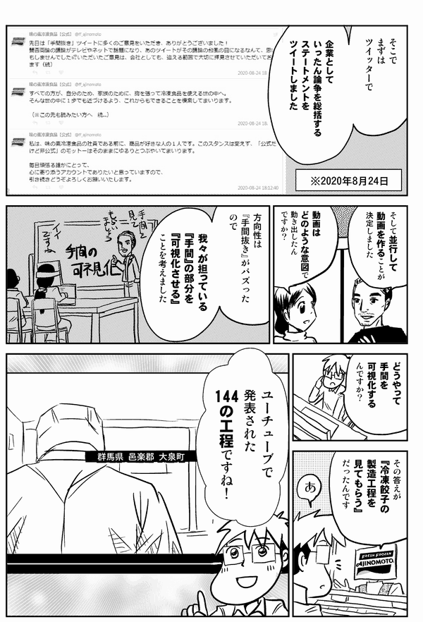 
そこで
まずは
ツイッターで
企業として
いったん論争を総括する
ステートメントを
ツイートしました
※2020年8月24日
そして並行して
動画を作ることが
決定しました
動画は
どのような意図で
動き出したん
ですか？
方向性は
『手間抜き』がバズった
ので
我々が担っている
『手間』の部分を
『可視化させる』
ことを考えました
どうやって
手間を
可視化するん
ですか？
その答えが
『冷凍餃子の
製造工程を見てもらう』
だったんです
あ
ユーチューブで
発表された
144の工程ですね！
群馬県 邑楽郡 大泉町
