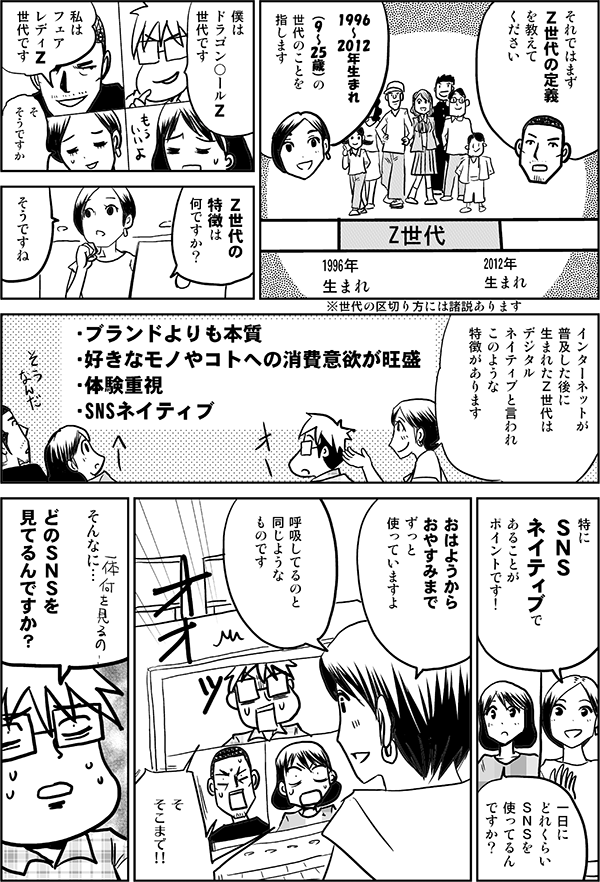 それではまず Ｚ世代の 定義を教えて ください 1996～2012年生まれ （9～25歳）の 世代のことを 指します Ｚ世代 1996年生まれ 2012年生まれ ※世代の区切り方には諸説あります 僕は ドラゴン○ールＺ 世代です 私は フェア レディZ 世代です そ そうですか Ｚ世代の 特徴は 何ですか？ そうですね インターネットが 普及した後に 生まれたＺ世代は デジタル ネイティブと言われ このような 特徴があります ・ブランドよりも本質 ・好きなモノやコトへの消費意欲が旺盛 ・体験重視 ・SNSネイティブ 特に ＳＮＳ ネイティブで あることが ポイントです！ 一日に どれくらい ＳＮＳを 使ってるん ですか？ おはようから おやすみまで ずっと 使っていますよ 呼吸してるのと 同じような ものです そ　 そこまで… そんなに… どのＳＮＳを 見てるんですか？