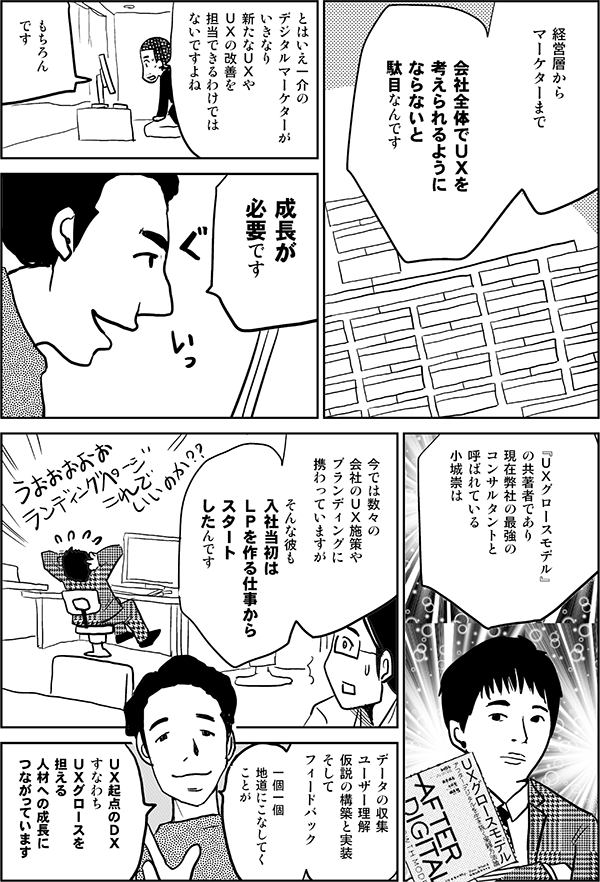 経営層からマーケターまで会社全体でＵＸを考えられるようにならないと駄目なんですとはいえ一介のデジタルマーケターがいきなり新たなＵＸやＵＸの改善を担当できるわけではないですよねもちろんです成長が必要です『ＵＸグロースモデル』の共著者であり現在弊社の最強のコンサルタントと呼ばれている小城崇は今では数々の会社のＵＸ施策やブランディングに携わっていますがそんな彼も入社当初はＬＰを作る仕事からスタートしたんですデータの収集ユーザー理解仮説の構築と実装そしてフィードバック一個一個地道にこなしてくことがＵＸ起点のＤＸすなわちＵＸグロースを担える人材への成長につながっています