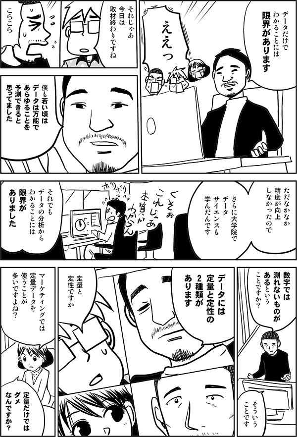 データだけで わかることには 限界があります ええっ それじゃあ 今日は 取材終わりですね こらこら 僕も若い頃は データは万能で あらゆることを 予測できると 思ってました ただなかなか 精度が向上 しなかったので さらに大学院で データ サイエンスも 学んだんです それでも データの分析から わかることには 限界が ありました 数字では 測れないものが あるという ことですか？ そういう ことです ざっくり言うと データには 定量と定性の 2種類が あります 定量と 定性ですか マーケティングでは 定量データを 使うことが 多いですよね？ 定量だけでは ダメ なんですか？