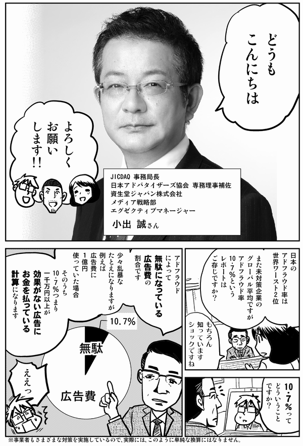 どうも こんにちは JICDAQ 事務局長 日本アドバタイザーズ協会 専務理事補佐 資生堂ジャパン株式会社 メディア戦略部 エグゼクティブマネージャー 小出 誠さん よろしく お願いします!! 日本のアドフラウド率は 世界ワースト2位 また未対策企業の グローバル平均ですが アドフラウド率 10・７％という レポートは ご存じですか？ もちろん 知っています ショックですね 10・７％って どういうこと ですか？ アドフラウド によって 無駄になっている 広告費の 割合です 少々乱暴なたとえになりますが 例えば 広告費に １億円 使っていた場合 そのうち 10・７％つまり 一千万円以上が 効果がない広告に お金を払っている計算になります 無駄 10.7％ ええっ　※事業者もさまざまな対策を実施しているので、実際には、このように単純な換算にはなりません。 