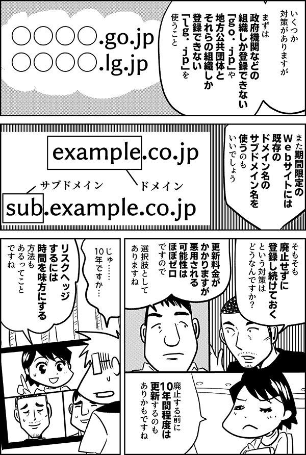 いくつか
対策がありますが

まずは
国や自治体は
公共機関しか
取得できない
「ｇｏ．ｊｐ」や
「ｌｇ．ｊｐ」
を使うこと

○○○○.go.jp
○○○○.lg.jp

また
期間限定の
Ｗｅｂサイトには
既存の
ドメイン名の
サブドメイン名を
使うのも
いいでしょう

hoshiino.co.jp
sub.hosihiino.co.jp

そもそも
廃止せずに
ずっと
持っておく
という対策は
どうなんですか？

更新料金が
かかりますが
悪用される
可能性は
ほぼゼロです

選択肢として
ありますね

廃止する前に
10年間程度は
更新するのも
ありかもですね

じゅ……
10年ですか…

リスクヘッジ
するには
時間を味方に
する方法も
あるってこと
ですね
