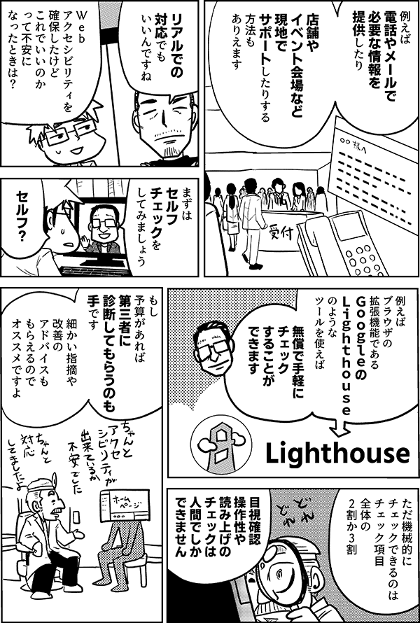 植木「例えば電話やメールで必要な情報を提供したり
店舗やイベント会場など現地でサポートしたりする方法もありえます」
内藤「リアルでの対応でもいいんですね」
星井「Ｗｅｂアクセシビリティを確保したけどこれでいいのかって不安になったときは？」
植木「まずはセルフチェックをしてみましょう」
星井「セルフ？」
植木「例えばブラウザの拡張機能であるGoogleのlighthouseのようなツールを使えば無償で手軽にチェックすることができます
ただ機械的にチェックできるのはチェック項目全体の2割か3割
目視確認、操作性や読み上げのチェックは人間でしかできません
もし予算があれば第三者に診断してもらうのも手です
細かい指摘や改善のアドバイスももらえるのでオススメですよ」
