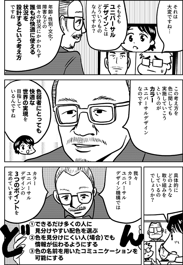 それは大変ですね そもそも ユニバーサルデザインとは どういうものなんですか？ 年齢・性別・文化・障害などの 個々の状況にかかわらず 誰もが快適に使える 状況を設計するという考え方 ですね この考え方を 色に関しても 実施していこうというのが カラーユニバーサルデザイン なのです 色弱者にとっても 快適な 世界の実現を 目指しているんですね では 具体的に どのような 取り組みを しているの でしょうか？ 我々 カラー ユニバーサル デザイン機構では カラー ユニバーサル デザインの ３つのポイントを 定めています ①できるだけ多くの人に見分けやすい配色を選ぶ ②色を見分けにくい人（場合）でも情報が伝わるようにする ③色の名前を用いたコミュニケーションを可能にする