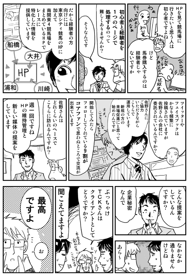 HPを見て競馬場に行きたいと思う人は初心者ですよね
けど馬券購入するのは経験者じゃないですか
初心者と経験者を1つのページで処理するのって難しくありませんか？
そうなんです
だから経験者の方向けには東京シティ競馬のHPに加えて
南関東4競馬場をまとめているHPでレースに特化した情報を提供しています
ツイッターやフェイスブックはかなり頻繁に投稿されていますが佐野さんの会社に委託されているんですか？
佐野さんにご協力いただきながらこちらで運営しています
新規の方の来場促進にと思って始めたんですが開始してみたらフォローしてくれている9割が
コアファンで、思わぬところで交流が出来ています
佐野さんはどれくらいのペースでこちらに訪れるんですか？
週1回ですねHPの維持管理と新しい媒体の提案をしています
どんな提案をしているんですか？
企業秘密なんでなかなか通りませんけどね
あらー
ぶっちゃけTCKさんはクライアントとしてどうですか？
聞こえてますよ
最高ですよ