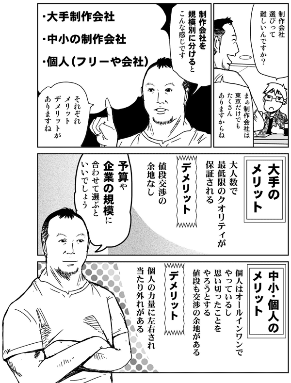 制作会社選びって難しいんですか？
まぁ制作会社は東京だけでもたくさんありますからね。
制作会社を規模別に分けるとこんな感じです。
・大手制作会社
・中小の制作会社
・個人（フリーや会社）
それぞれメリットデメリットがありますね。
大手のメリット：大人数で最低限のクオリティが保証される
デメリット：値段交渉の余地なし
中小・個人のメリット：個人はオールインワンでやっているし思い切ったことをやろうとする。値段も交渉の余地がある。
デメリット：個人の力量に左右され、当たり外れがある。
予算や企業の規模に合わせて選ぶといいでしょう。