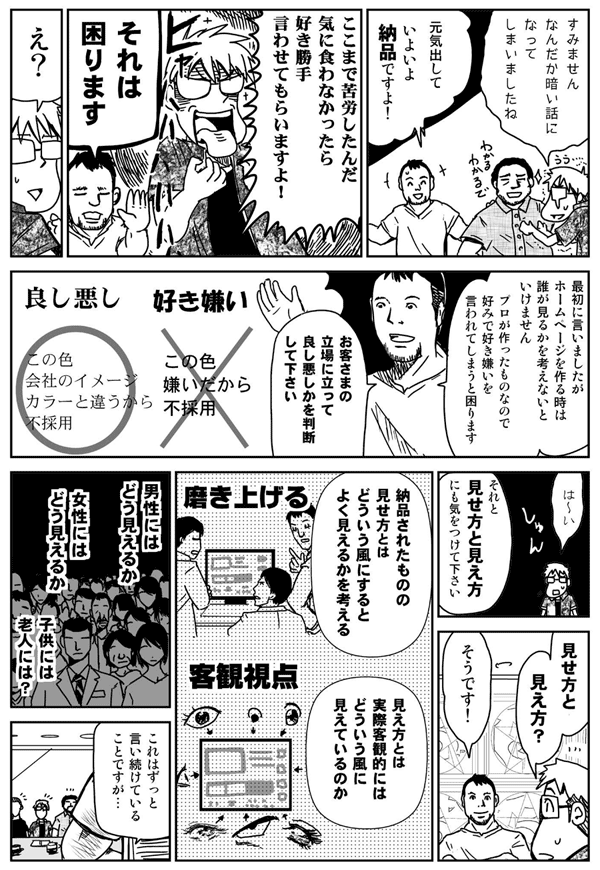 すみません、なんだかくらい話になってしまいましたね。
元気出して、いよいよ納品ですよ！
ここまで苦労したんだ。
気にくわなかったら好き勝手言わせてもらいますよ！
それは困ります。
最初に言いましたが、ホームページを作るときは、誰が見るかを考えないと行けません。プロが作ったモノなので、好みで好き嫌いを言われてしまうと困ります。
お客様の立場に立って、良し悪しかを判断して下さい。
はーい。
それと見せ方と見え方にも気をつけて下さい。
見せ方と見え方？
そうです。
納品されたものの見せ方とは、どういう風にするとよく見えるかを考える。
見え方とは、実際客観的にはどういう風に見えているのか。
男性にはどう見えるか？
女性にはどう見えるか？
子供には、老人には？
これはずっと言い続けていることですが