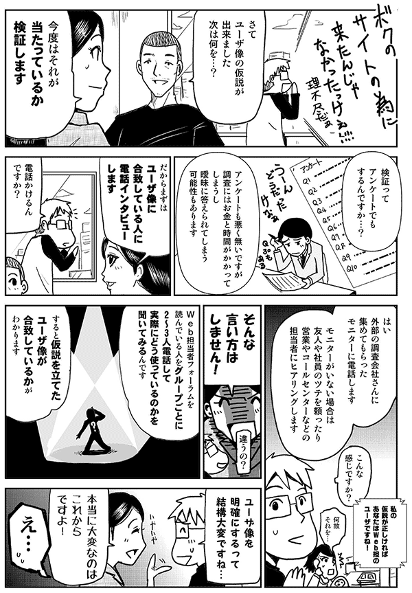 さて、ユーザ像の仮説ができました。次は何を？
今度はそれがあたっているか、検証します。
検証って、アンケートでもするんですか？
アンケートも悪くないですが、調査にはお金と時間がかかってしまうし、曖昧に答えられてしまう可能性もあります。
だからまずは、ユーザ像に合致している人に電話インタビューします。
電話掛けるんですか？
はい。外部の調査会社さんに集めてもらったモニターに電話します。
モニターがいない場合は、友人や社員のツテを頼ったり、営業やコールセンターなどの担当者にヒアリングします。
Web担当者Forumを読んでいる人をグループごとに2～3人電話して、実際にどう使っているのかを聞いてみるんです。
すると、仮説を立てたユーザ像が合致しているかが分かります。
ユーザ像を明確にするってけっこう大変ですね。
本当に大変なのはこれからですよ。