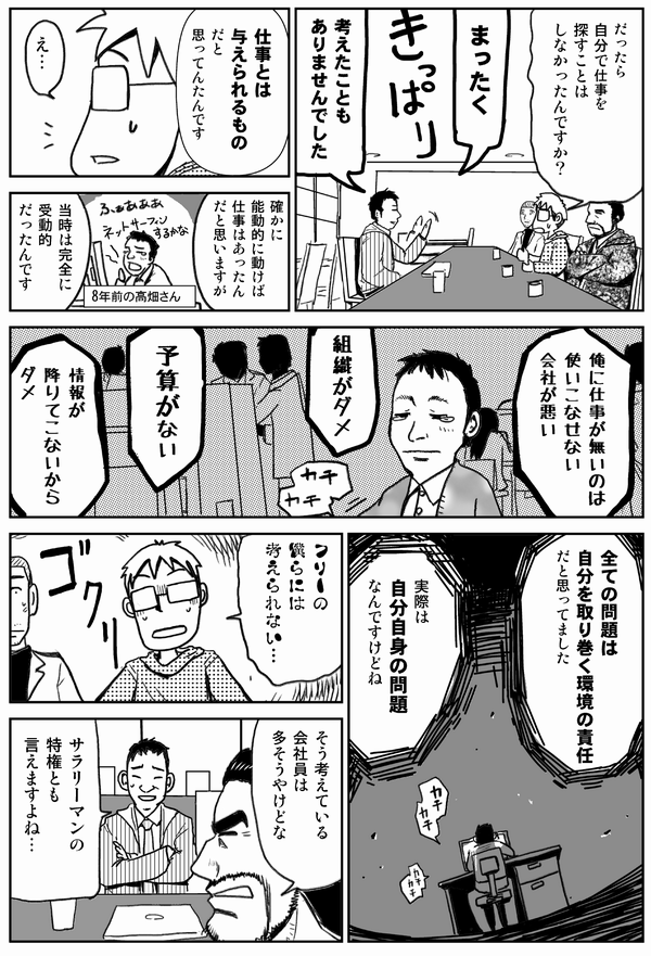 だったら自分で仕事を探すことはしなかったんですか？
まったく
考えたこともありませんでした。
仕事とは与えられるものだと思ってたんです。
確かに能動的に動けば仕事はあったんだと思いますが、当時は完全に受動的だったんです。
俺に仕事がないのは使いこなせない会社が悪い。
組織がダメ、予算がない、情報が下りてこないからダメ。
すべての問題は自分の取り巻く環境の責任だと思ってました。
実際は自分自身の問題なんですけどね。
フリーの僕らには考えられない。
そう考えている会社員は多そうやけどな。
サラリーマンの特権とも言えますよね。
