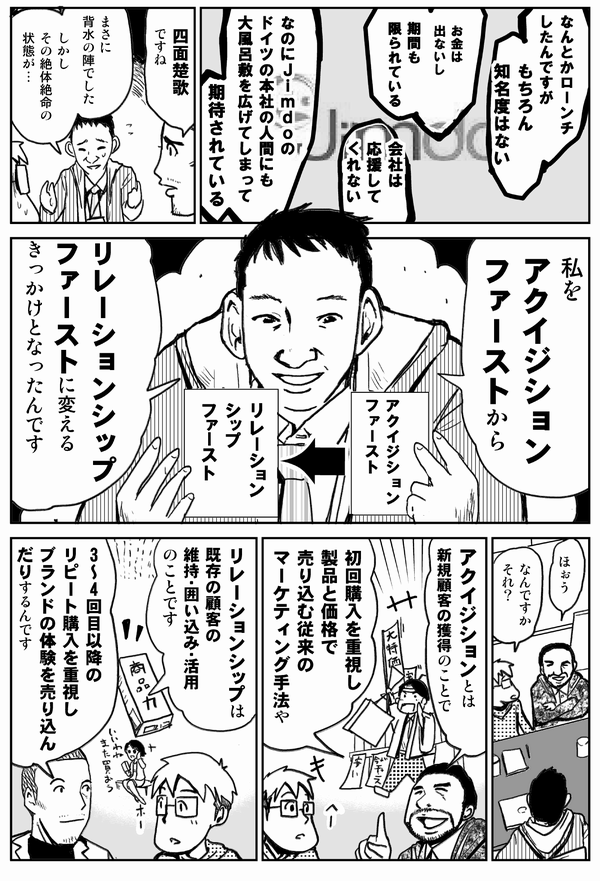 なんとかローンチしたんですが、もちろん知名度はない。
お金は出ないし、期間も限られている。
会社は応援してくれない。
なのにJimdoのドイツ本社の人間にも大風呂敷を広げてしまって期待されている。
四面楚歌ですね。
まさに背水の陣でした。
しかし、その絶体絶命の状態が、私をアクイジションファーストからリレーションシップファーストに変えるきっかけなったんです。
ほぉう。
なんですかそれ？
アクイジションとは新規顧客獲得のことで、初回購入を重視し、製品と価格で売り込む従来のマーケティング手法や。
リレーションシップは既存の顧客の維持・囲い込み・活用のことです。
3～4回目以降のリピート購入を重視し、ブランドの体験を売り込んだりするんです。
