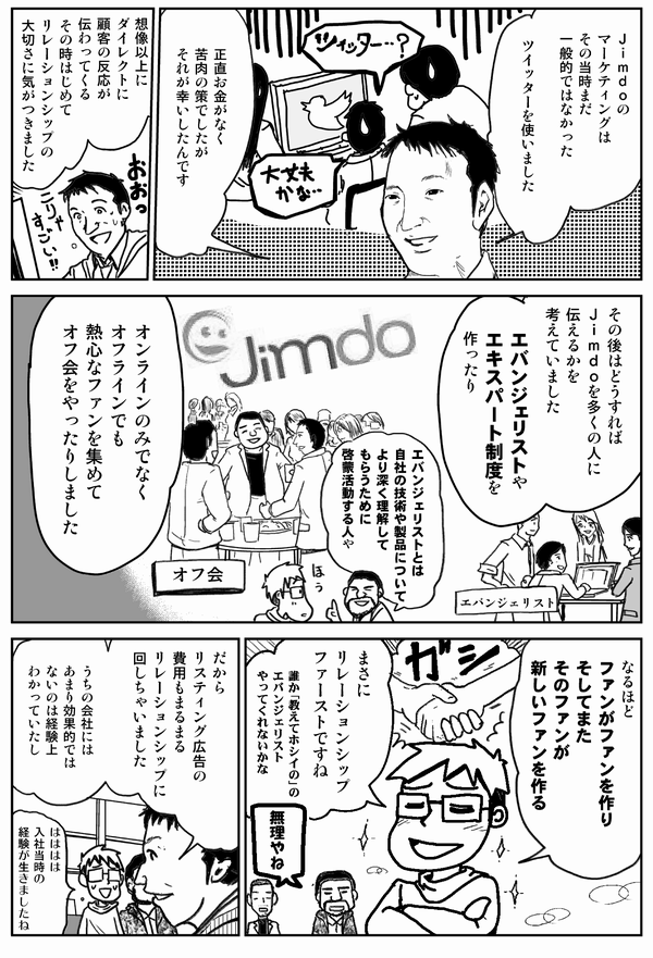 Jimdoのマーケティングはその当時まだ一般的ではなかったTwitterを使いました。
正直お金がなく、苦肉の策でしたが、それが幸いしたんです。
想像以上にダイレクトに顧客の反応が伝わってくる。
そのとき初めて、リレーションシップの大切さに気が付きました。
その後はどうすればJimdoを多くの人に伝えるかを考えていました。
エバンジェリストやエキスパート制度を作ったり、オンラインのみでなく、オフラインでも熱心なファンを集めて、オフ会をやったりしました。
エバンジェリストとは、自社の技術や製品についてより深く理解してもらうために啓蒙活動する人や。
なるほど。
ファンがまたファンを作り、そのファンが新しいファンを作る。まさにリレーションシップファーストですね。
でしょ！だからリスティング広告の費用もまるまるリレーションシップに回しちゃいました。
うちの会社にはあまり効果的でないのは、経験上分かっていたし。
はははは。入社当時の経験が生きましたね。
